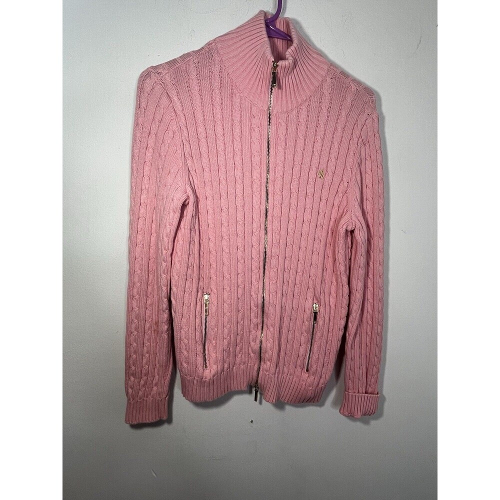 Lauren Ralph Lauren Pink Embroidered Crest Full Zip Sweater Cable Knit Cotton M